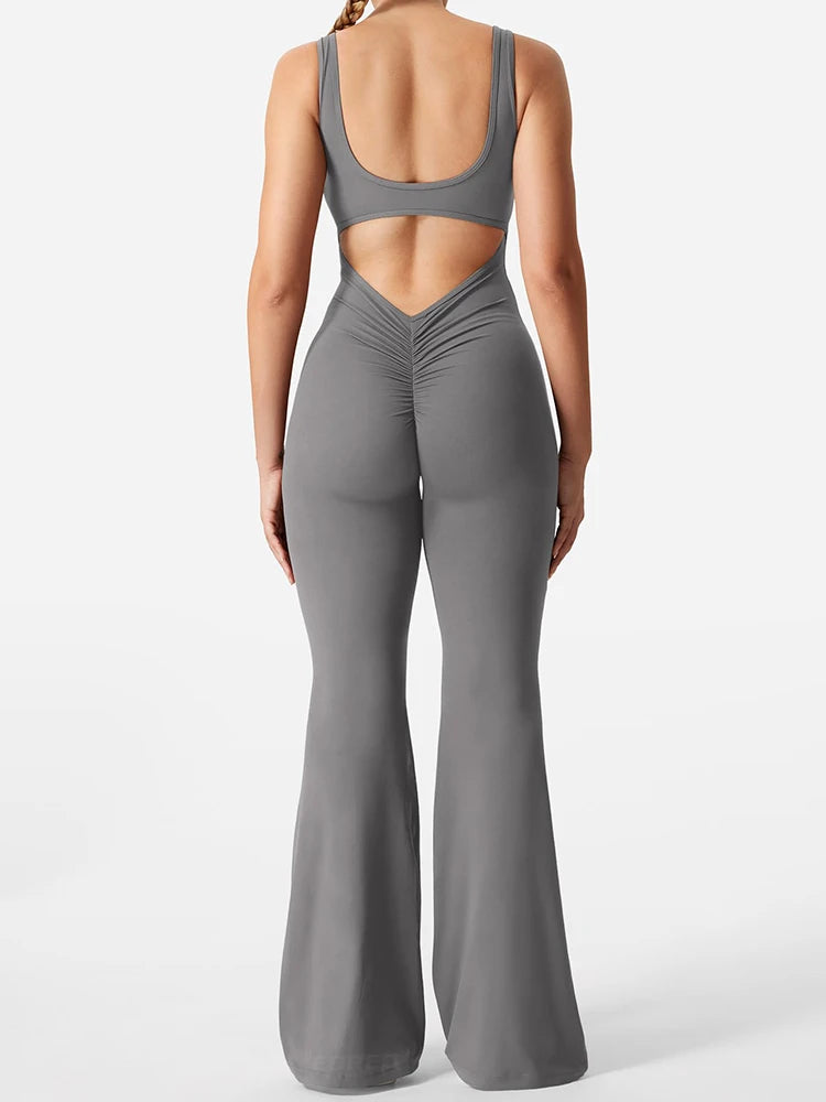 Women's Fitness Flared Bodysuit Sexy Backless Fitness Tight Waistband Hipless Yoga Bodysuit V Back Waistband Hip Lift