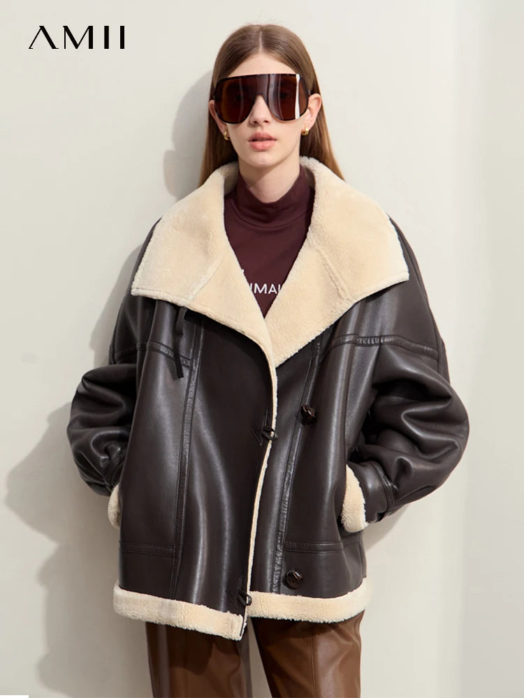 AMII Minimalist Simple Commuter Faux Leather Jacket for Women 2024 Winter Thick Warm Lapel PU Fur Female Chic Over Coat 12424007