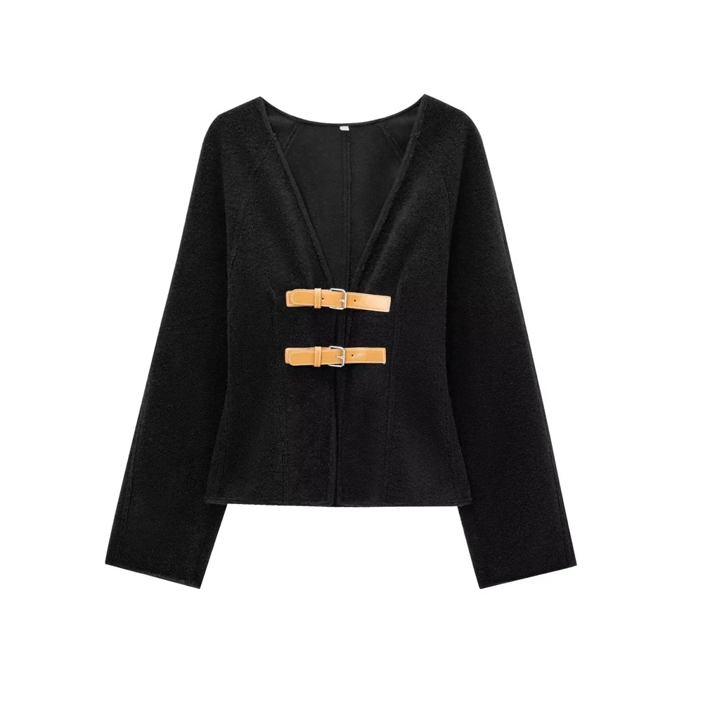 Women Fashion With Belt Woolen Jacket Coat V Neck Long Sleeve Female Outerwear Chic Tops