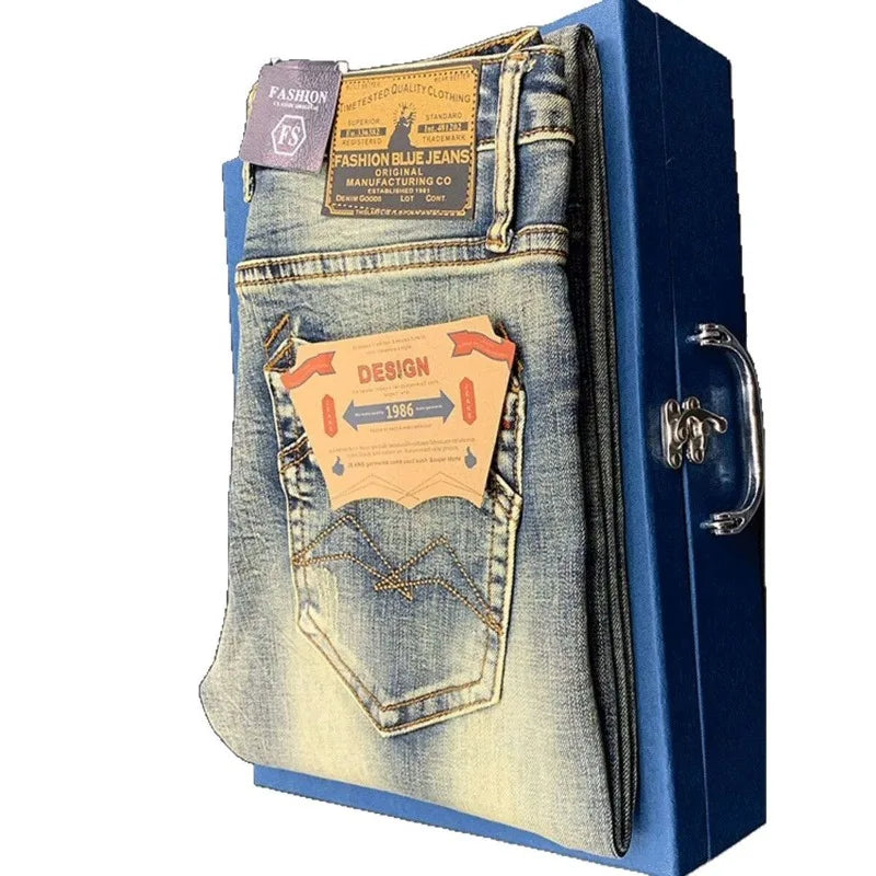 Street Fashion Men Jeans Retro Blue Elastic Slim Ripped Jeans Men High Quality Brand Designer Vintage Denim Pants Hombre
