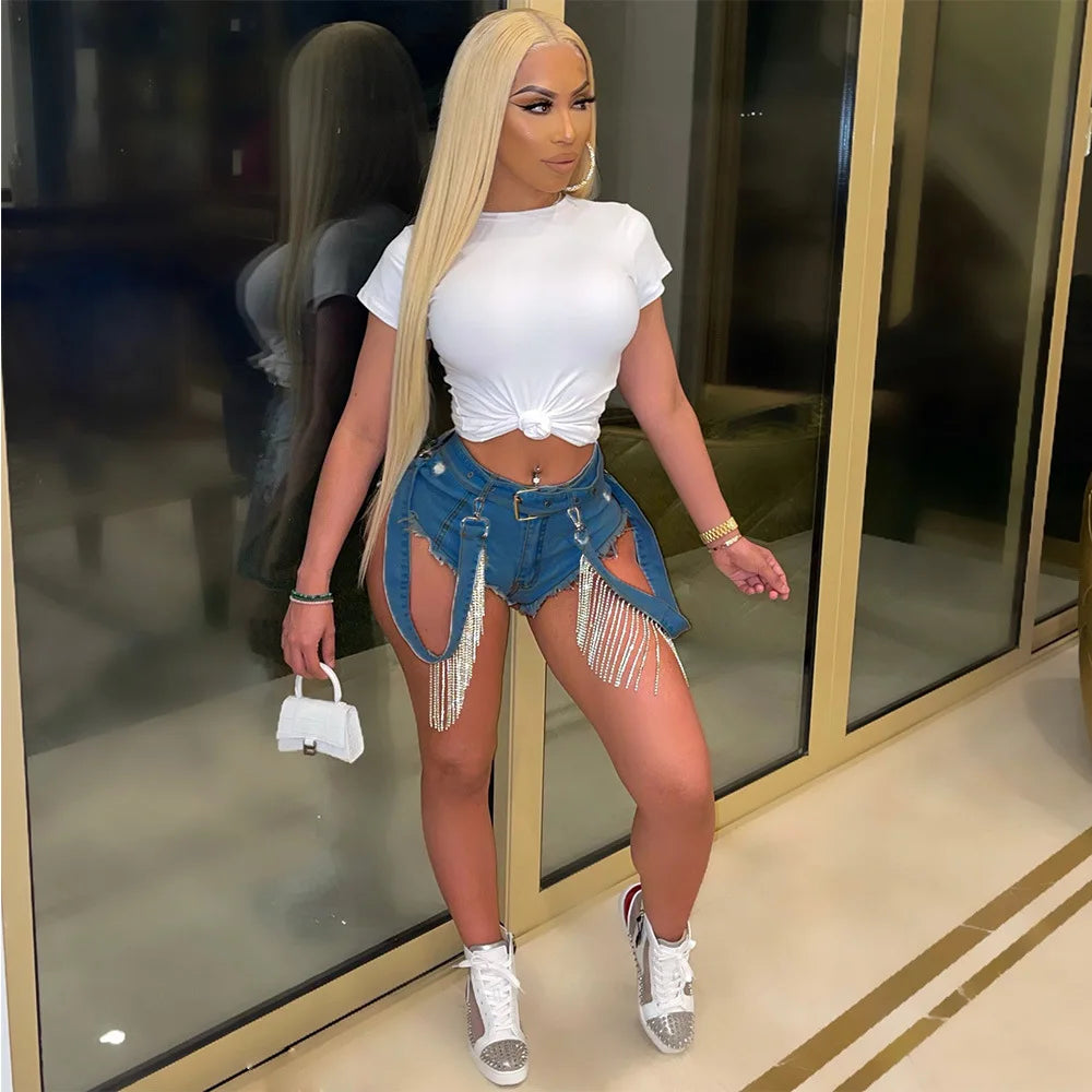 Prowow Fashion Diamond Tassel Damen Shorts Sommer Denim Superkurze Hose Neues Design Y2k Style Boutique Jeans für Party Club