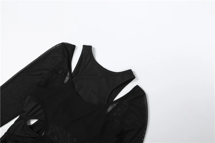 Kliou Mesh Patchwork Bodysuits Woman Irregular Hollow Design o-Neck Full Sleeve Skinny Stretch Hot Girls Sexy Fashion Bodycon