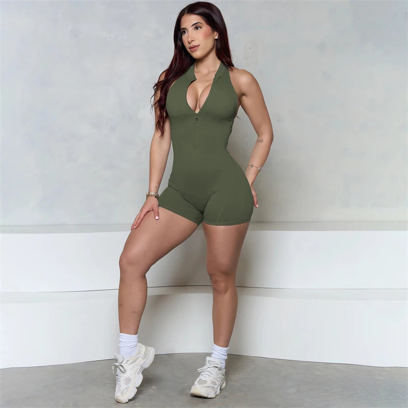 Women Bum Sleeveless ZIPPER Scrunch Butt Romper Women Sporty Jumpsuit Lycra Short Fitness Gym Overall New Workout Clothes