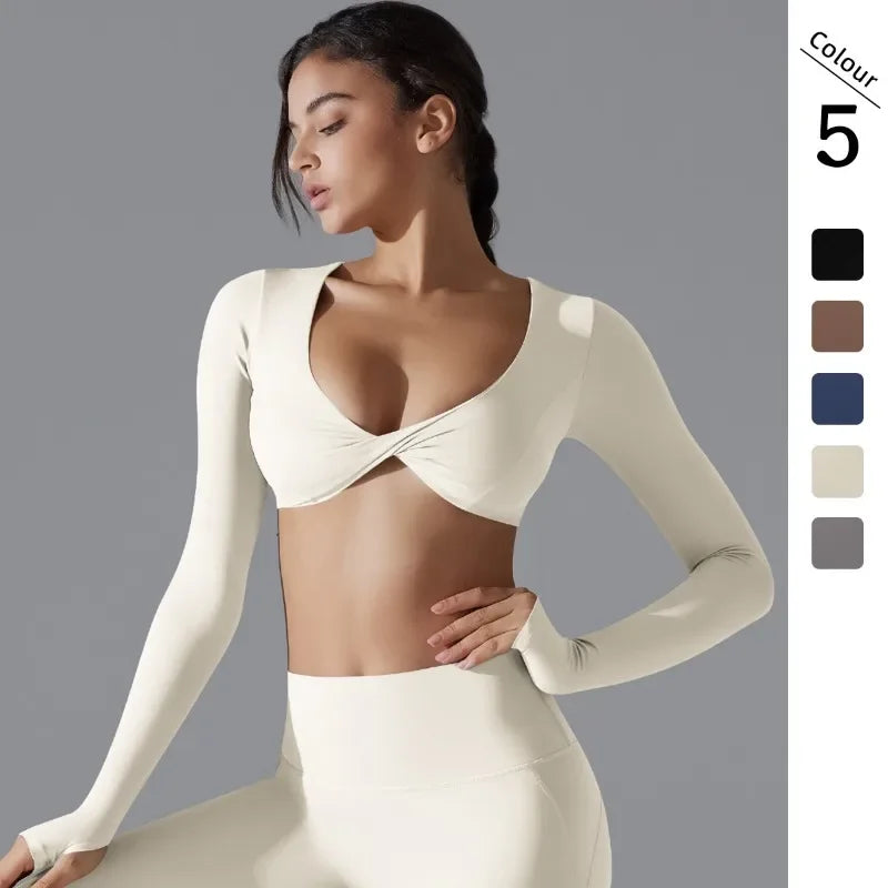 Sports Long Sleeved Fitness Suit Women's Deep V-neck Slim Fit Breathable Ins Style Exposed Navel Outdoor Yoga Suit Short Top