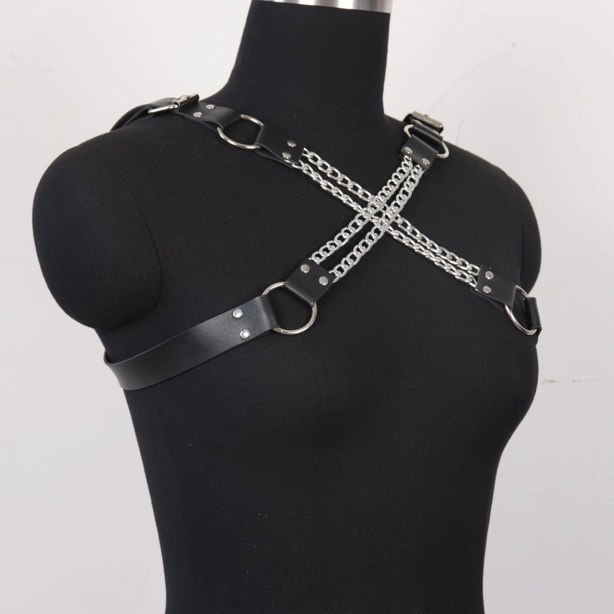 Men's Adjustable PU Leather Body Harness with Chain Tassels - Fashionable Black Chest Belt for Parties, Performances