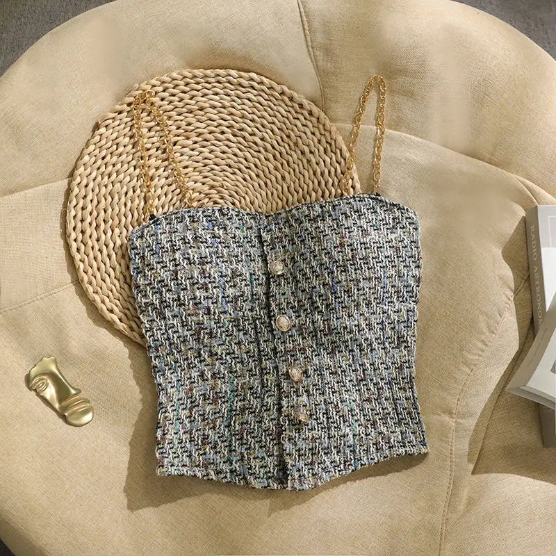 Ropa Mujer Summer Tanks for Women's Sweet Plaid Tunic Sleeveless Camis Crop Tops Chic Chian Backless Single Breasted Vest