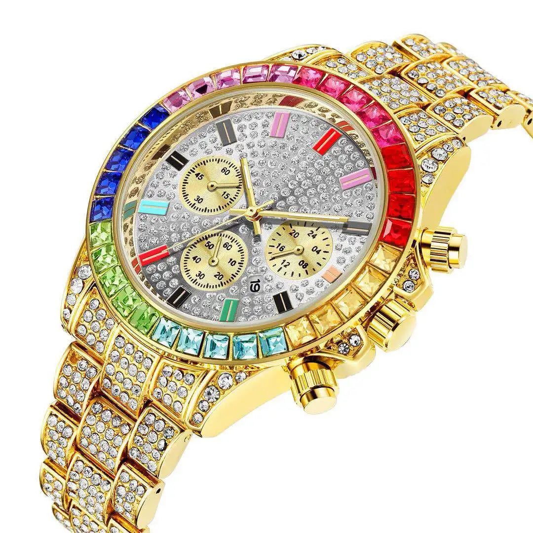 Fashion Hiphop Women Quartz Watch Luxury Cuban Bracelet Chain Sets Rhinestones Dress Wristwatch For Ladies Gift