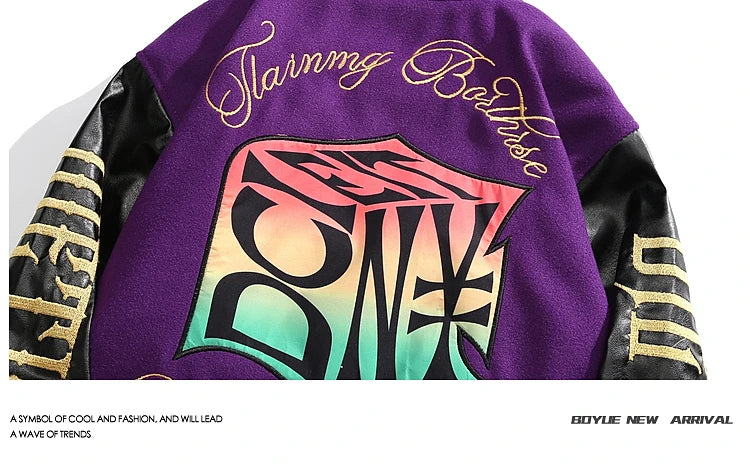 Herren Stehkragen Gespleißte Lederstickerei Wolljacken Trendy Street Hip Hop Hübscher Casual Loose Einreihiger Mantel