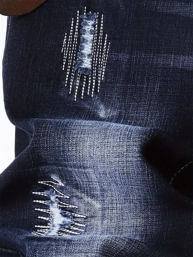 Motorcycle Trendy Straight Men's Jeans Elastic Washed Fashion Streetwear Denim Pants Embroidery Hip-Hop Trousers (Without Belt)