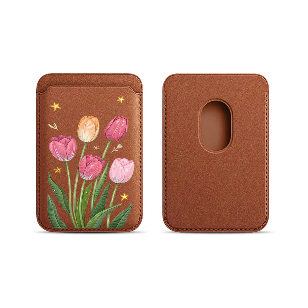 Tulip Flowers Leather Card Wallet Cases Phone Card Holder Magnetic Case Suitable For all iPhone for Magsafe Card Phone Back Bag