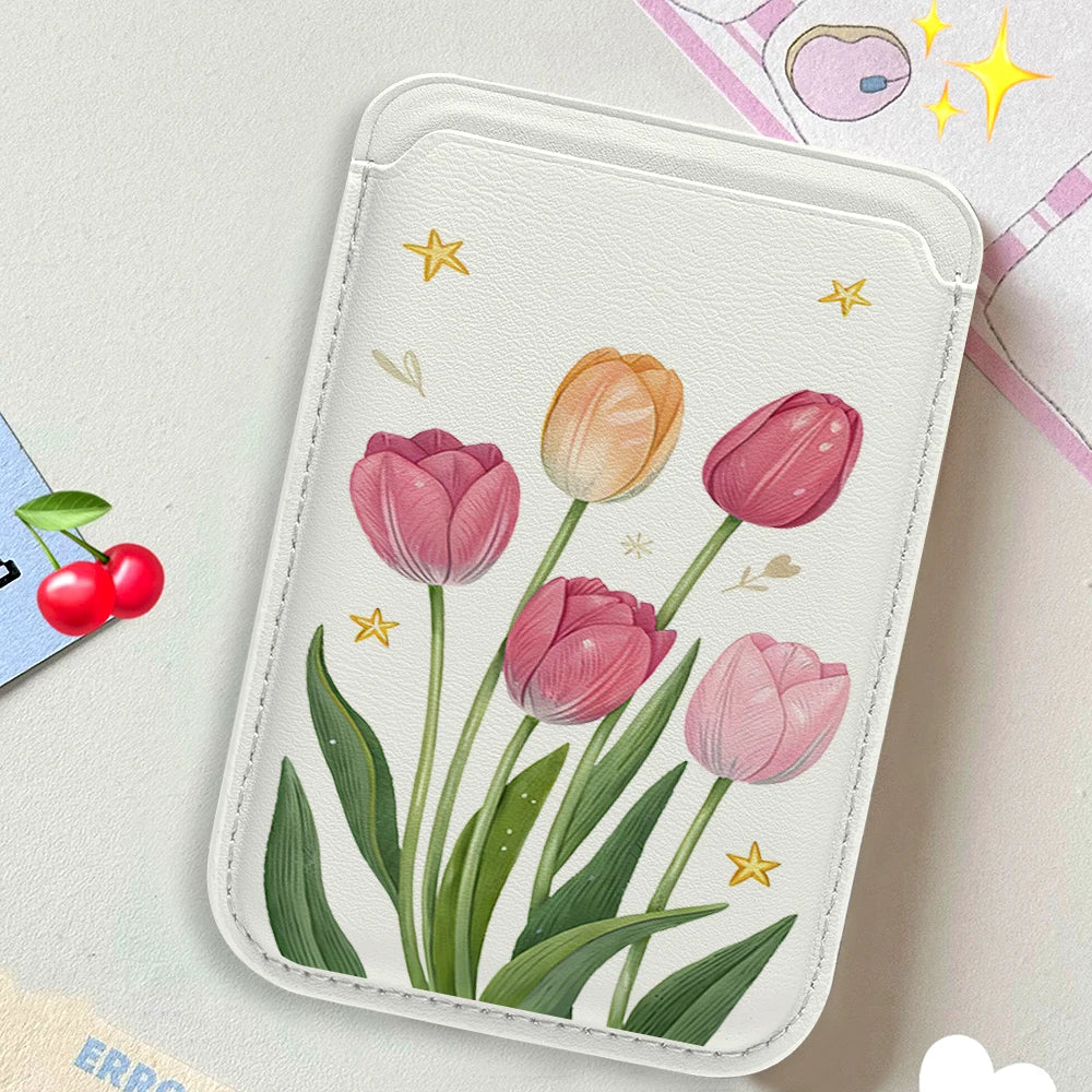 Tulip Flowers Leather Card Wallet Cases Phone Card Holder Magnetic Case Suitable For all iPhone for Magsafe Card Phone Back Bag