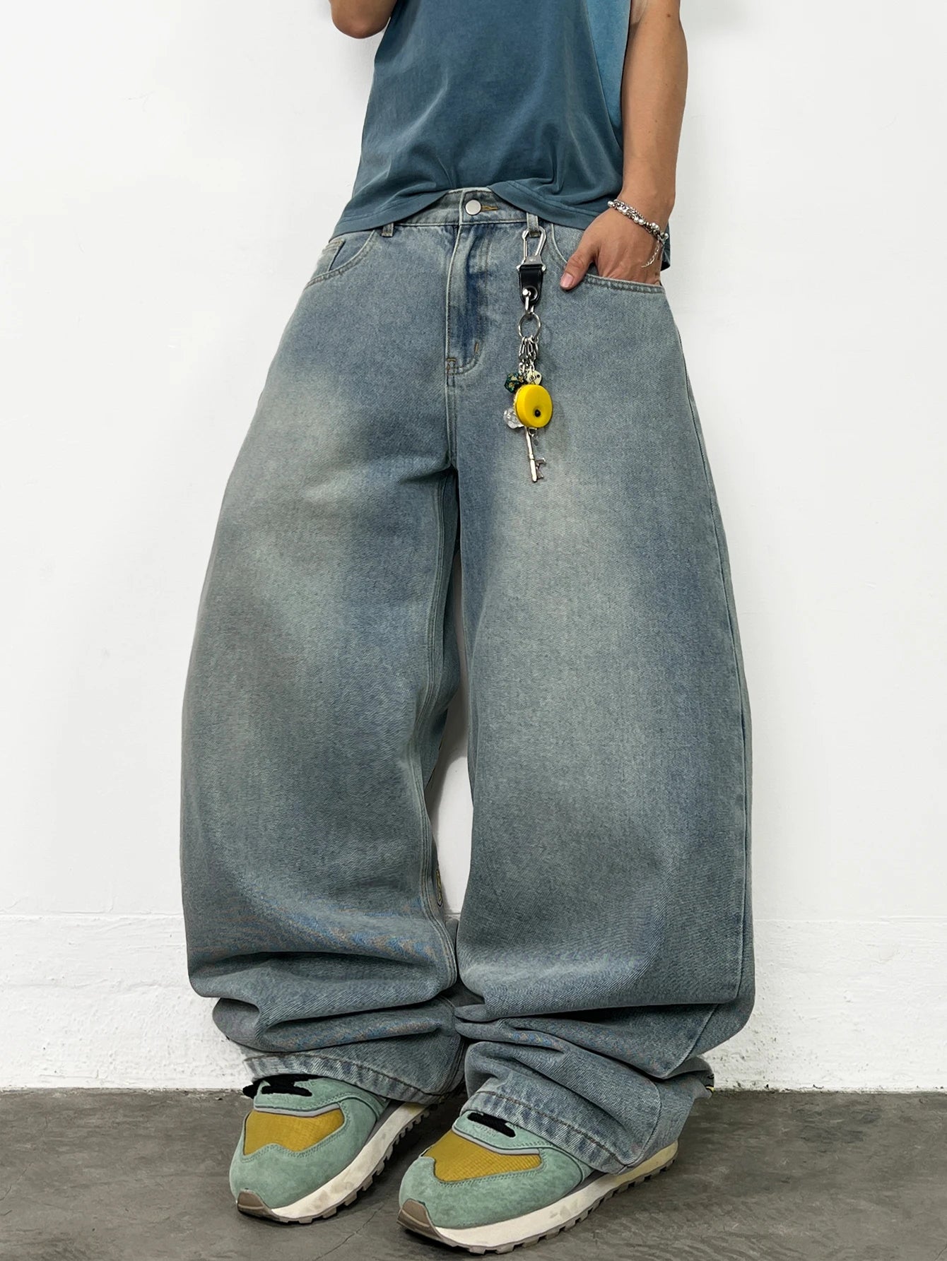 American Retro Dragon Art Embroidery Blue Baggy Jeans Men's y2k Washed Street Hip-Hop Fashion Versatile Straight Wide-Leg Pants