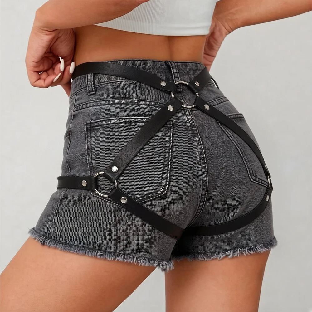 1PC Women's Casual Sexy Black Punk Style PU Leather Strappy Leg Ring Waist Belt Harness for Party or Gathering Wear Accessory