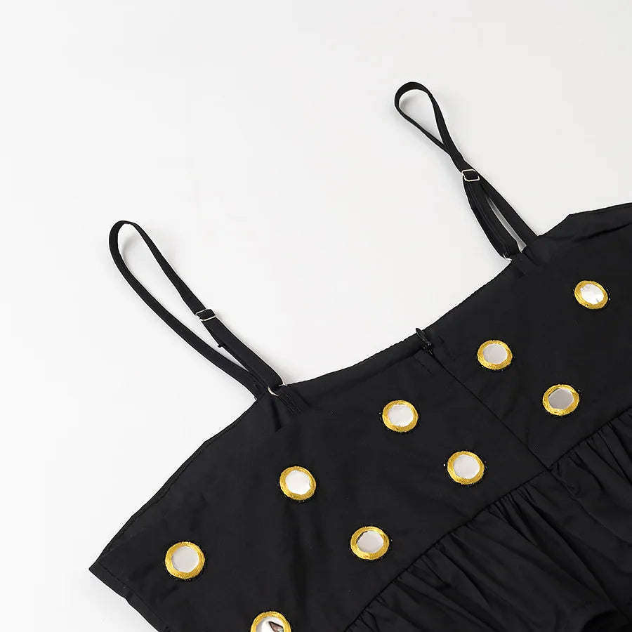 VEITCHE Women Metal Hollow Pleated Suspender Skirt Suit Sexy Sleeveless Vest High Waist Mini Skirt Lady Vacation Dress Set