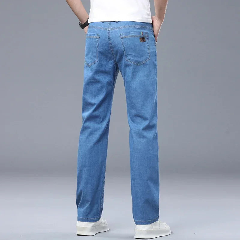 Business Thin Denim Jeans for Men Straight Stretch Cotton Work Pants Business Casual Lightweight Trousers Spring Autumn Workwear