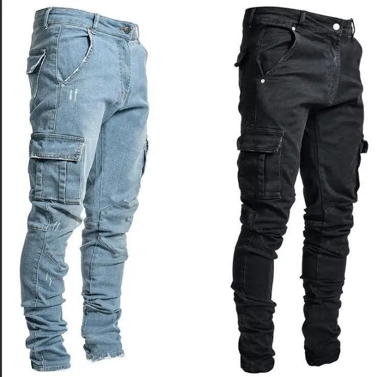 Männer Jeans Bleistifthose Cargo Denim Solide Knöchellänge Waschtaschen Mittlere Taille Etui Slim Leichte Strech High Street 2024