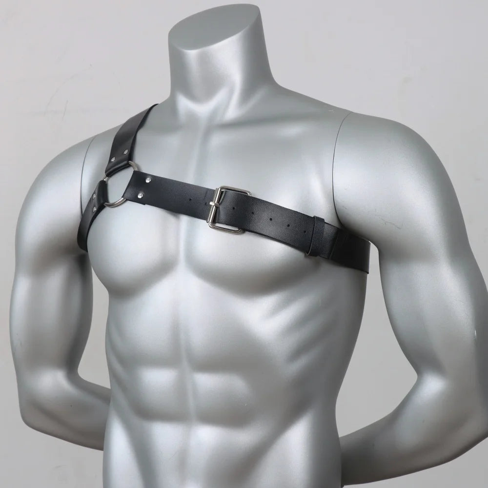 Gothic Punk Men'S Black Faux Leather Straps with Chest Harness & Arm Bands, Suits and Casual Attire, Stylish and Comfortable
