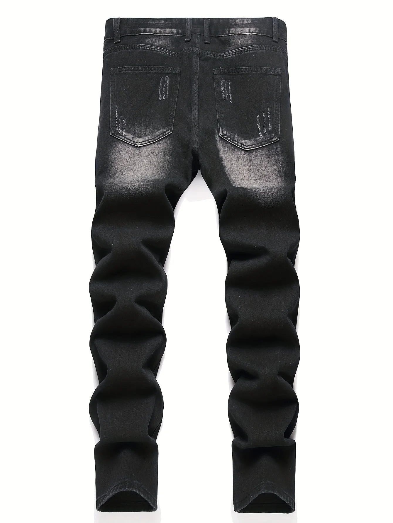 Men’s trendy streetwear: black ripped straight-leg jeans – an excellent gift for husbands or boyfriends.