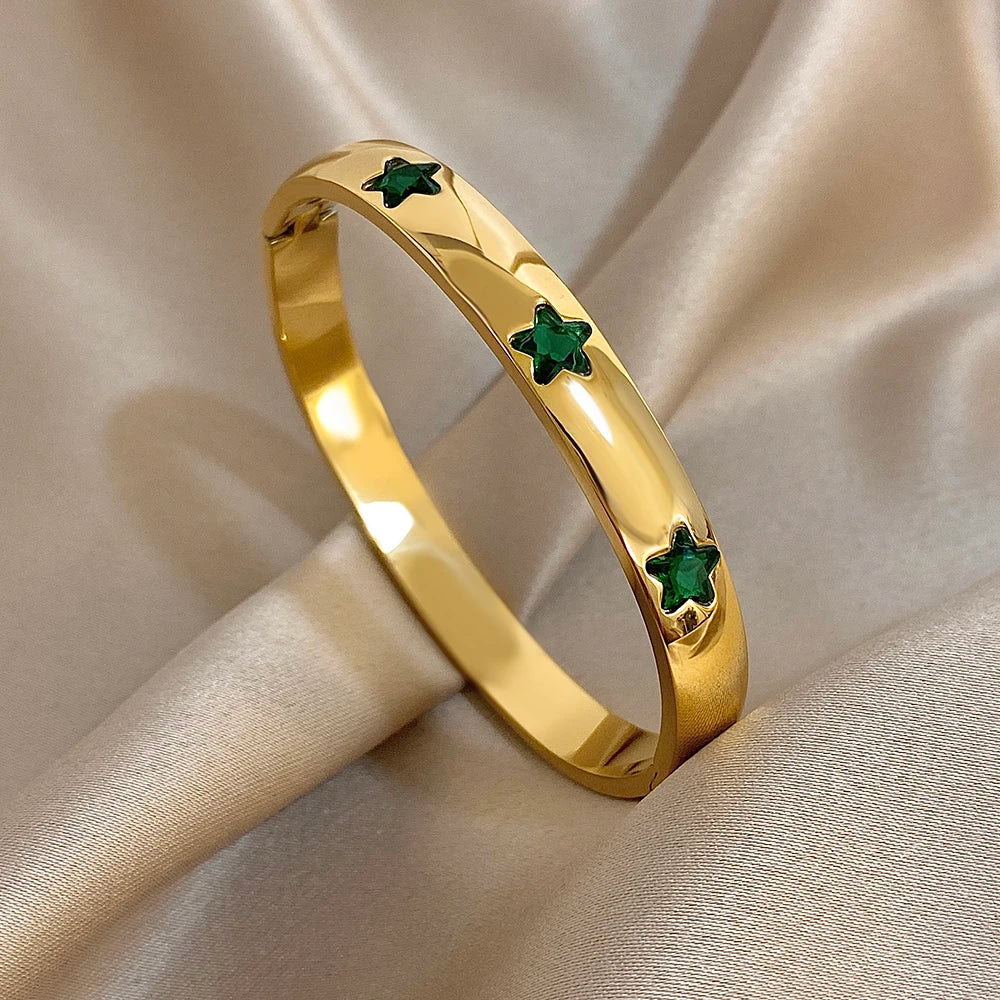 Shiny Star Colorful Zircon Smooth Cuff Bangle Bracelet for Women Trendy Gold Plated Stainless Steel Wide Bracelets Jewelry Gifts