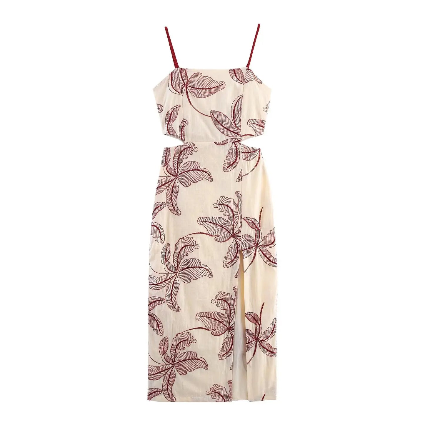 KONDALA Fall Women Elegant Embroidered Cami Dress Slim Waist Hollow-out Midi Dress 2025 Summer Autumn Fashion Holiday Sexy Dress