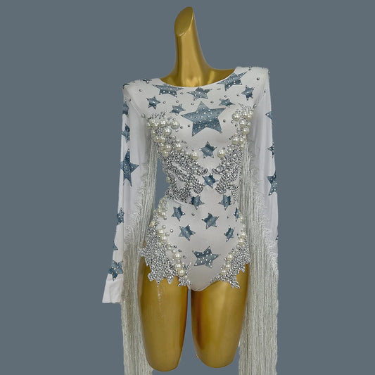 Designer Star Big Pearls Rhinestone Bodysuit Women Long Tassel Party Jumpsuit Nightclub Fringes Dancer Leotard Wear Starqun