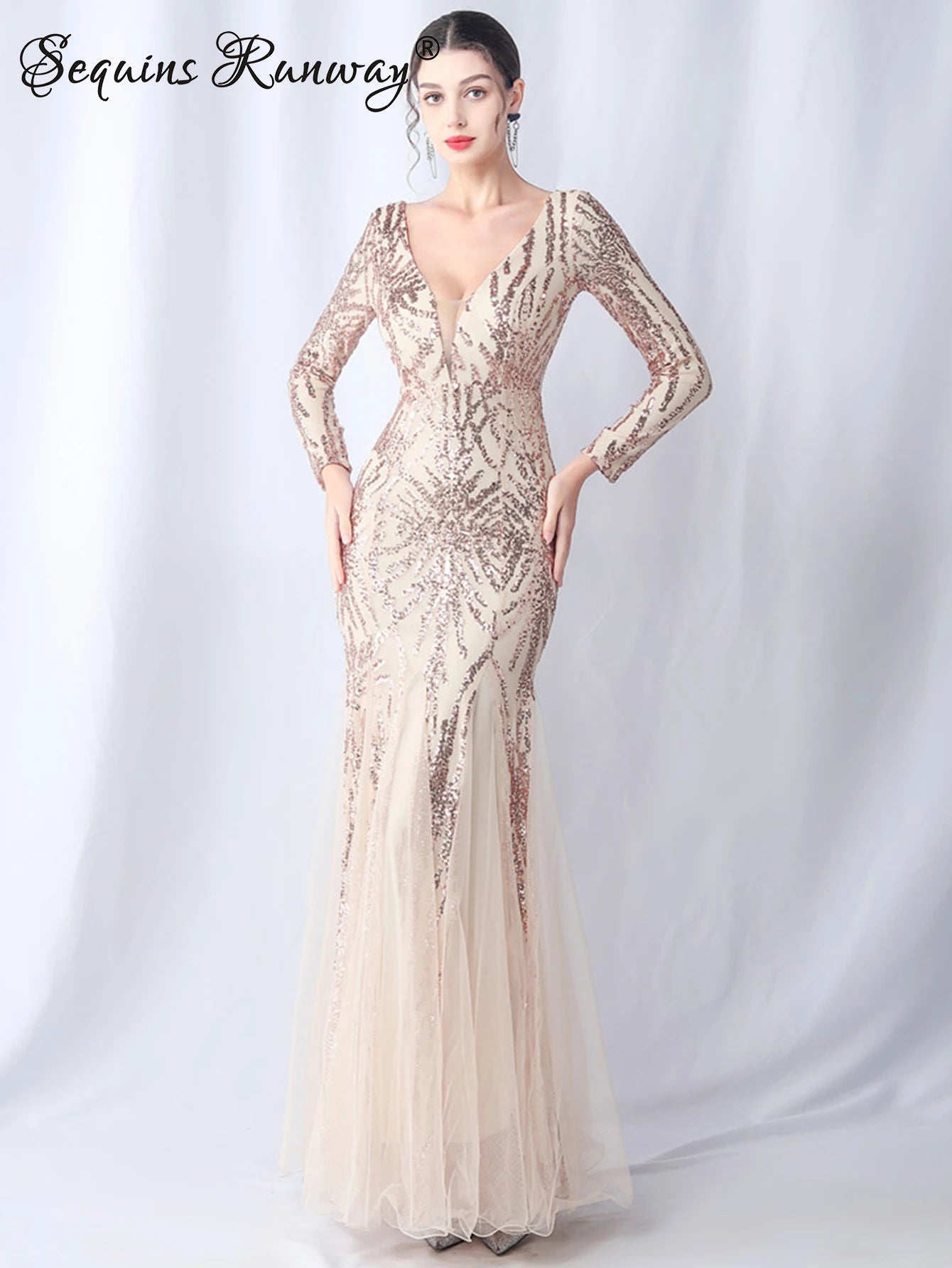 Sexy backless maxi sequin summer dress women elegant luxury mesh wedding party dresses woman long sleeve evening dresses vestido