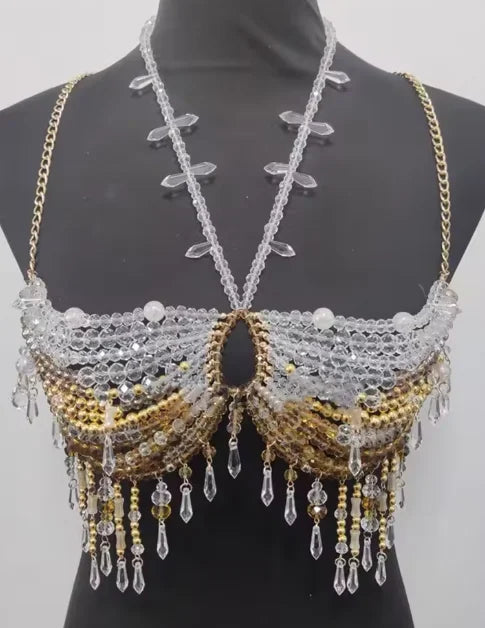 Handmade  Lingerie Harness Beaded Bra Halter Neck See-through Tassel Hollow Out Tops Body Beachwear Exaggerated Beaded Neck Bra