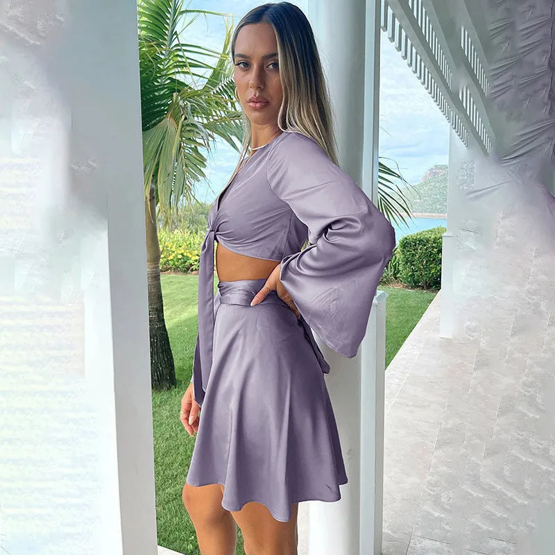 Y2k Two Piece Set Women Autumn White Lantern Long Sleeve Crop Cardigan Tops Elegant  Suits Lace Up Wrap Sexy Mini Skirts