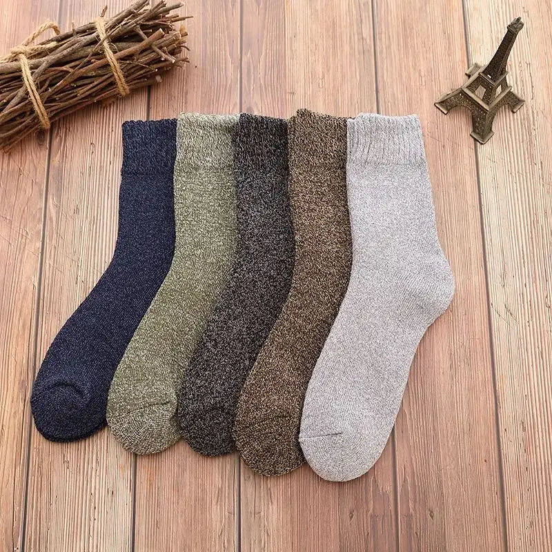 5 Pairs Of Men's Thermal Cotton Blend Plain Mid Crew Socks, Solid Soft Comfy Socks For Men's Outdoor Wearing