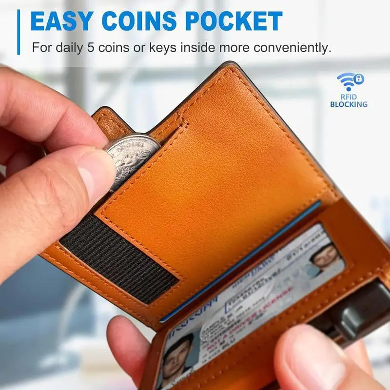 OUIO New Black Leather Wallet For Men Slim Bifold RFID Blocking Wallet With Pop-Up Metal Card Holder Card Sleeves POP UP Wallet