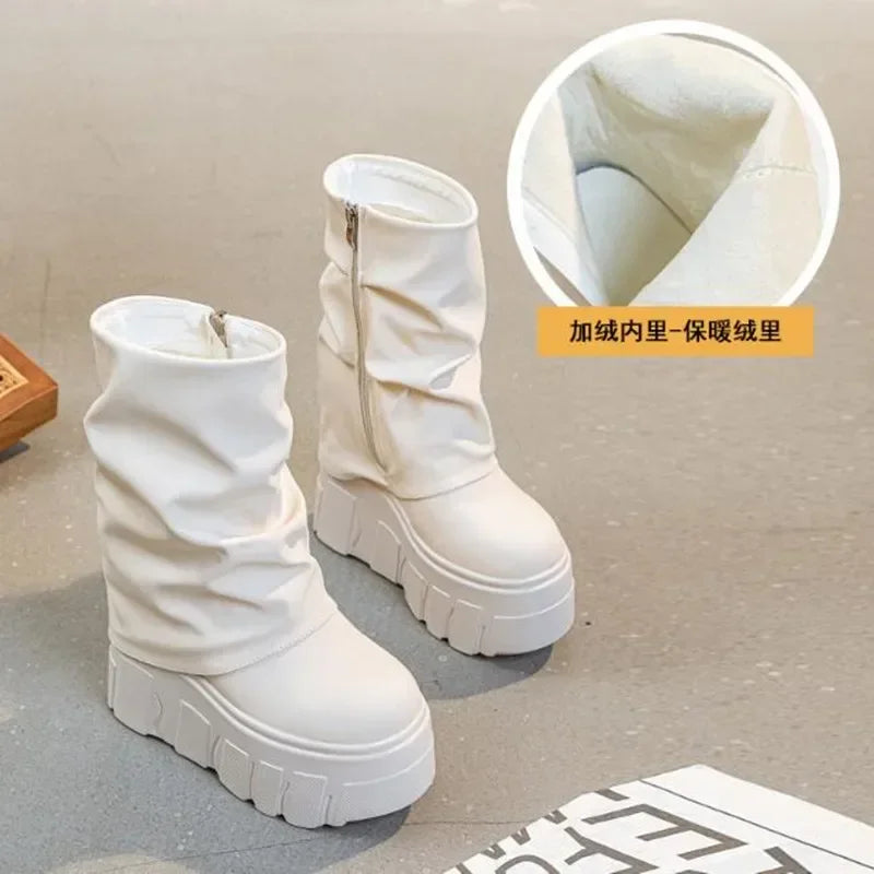 14CM New Ankle Booties Shoes Natural Microfiber Leather Boots 2025 Winter Women Motorcycle Boots Platform Ladies Fashion Botas