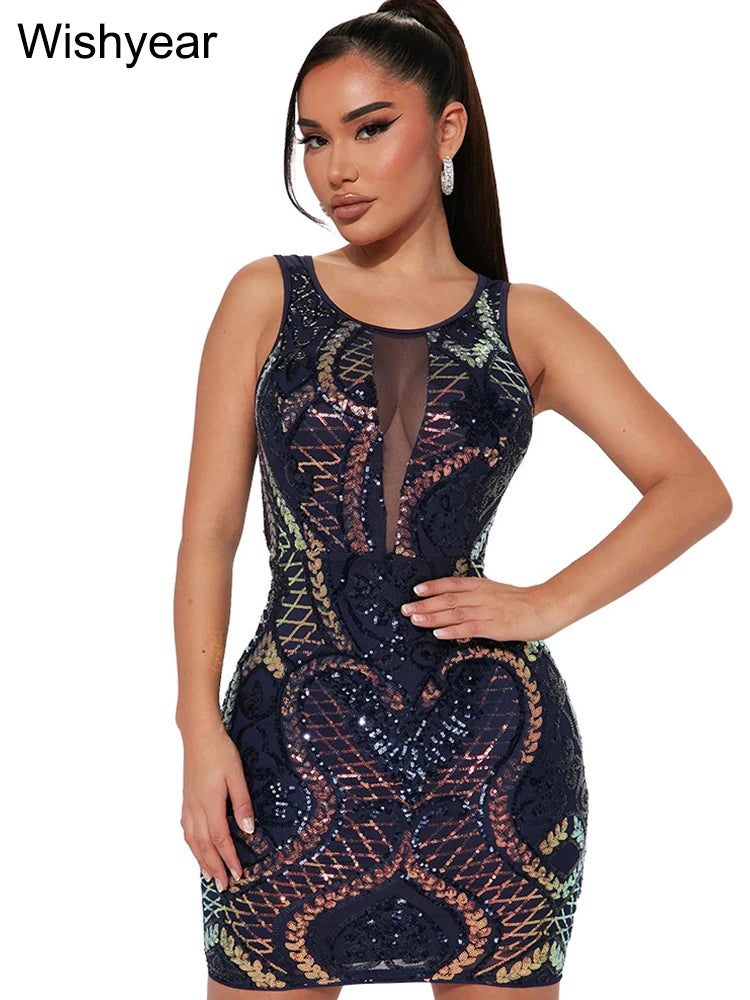 New Luxury Sequin Mesh See Through Bodycon Evening Party Club Mini Dresses Women Round Neck Sleeveless Slim Birthday Vestidos