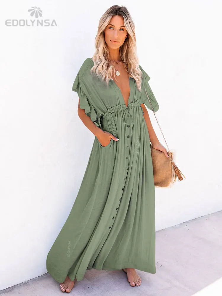 Sexy Deep V-neck Butterfly Sleeve Self Belted High Waist Button Front Open Summer Beach Dress WhiteTunic Women Beachwear Q1208