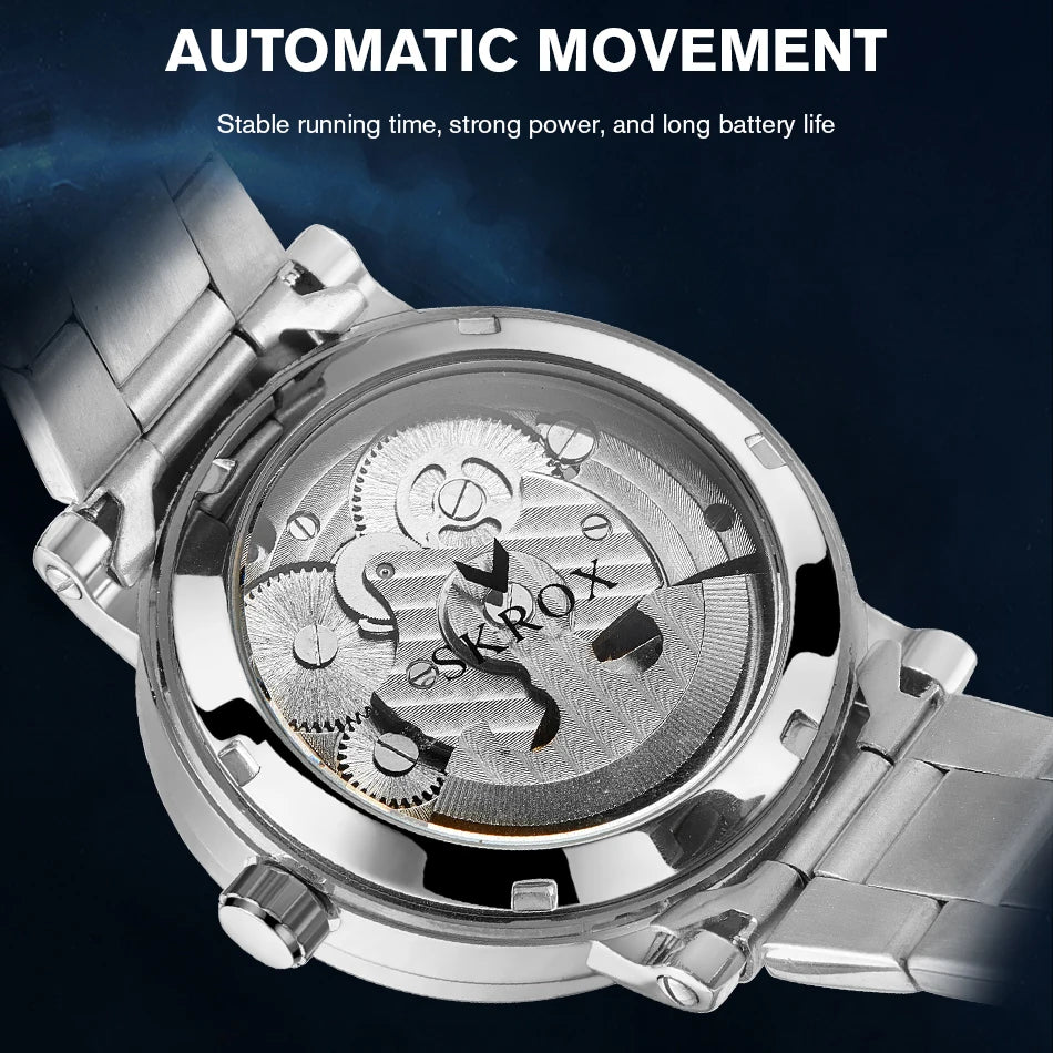 Luxury Brand GMT Time Zone Moon Phase Automatic Movement Man Watch Stainless Steel Skeleton Mechanical Waterproof Male Clockwork