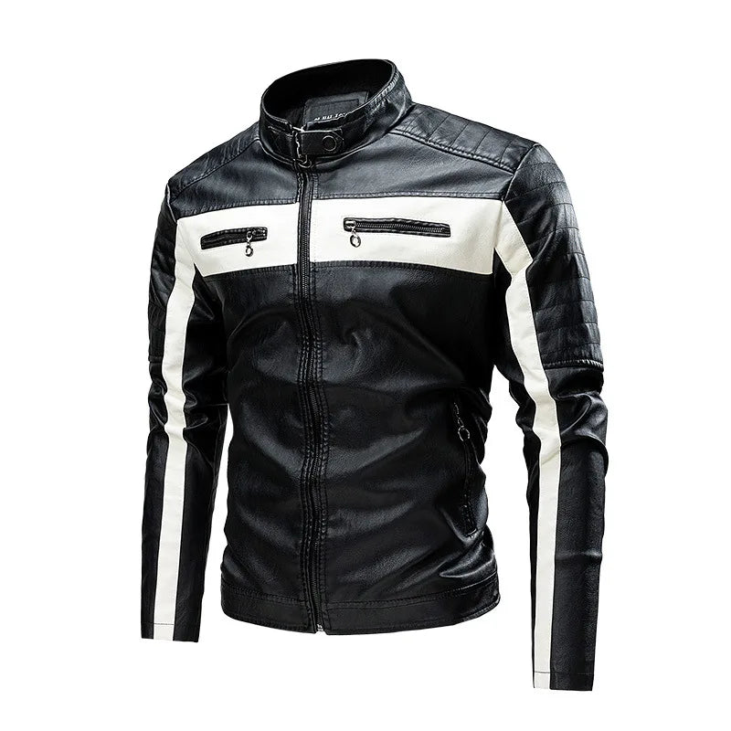 2025 New Color Blocked Stand Up Collar PU Leather Motorcycle Bike Jackets for Men,multi-color Spring Autumn  Thin Casual PU Coat