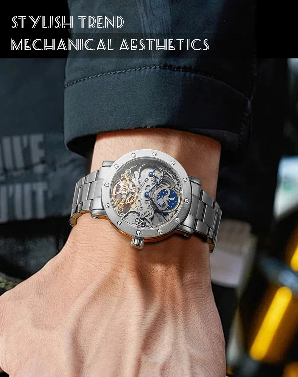 Luxury Brand GMT Time Zone Moon Phase Automatic Movement Man Watch Stainless Steel Skeleton Mechanical Waterproof Male Clockwork