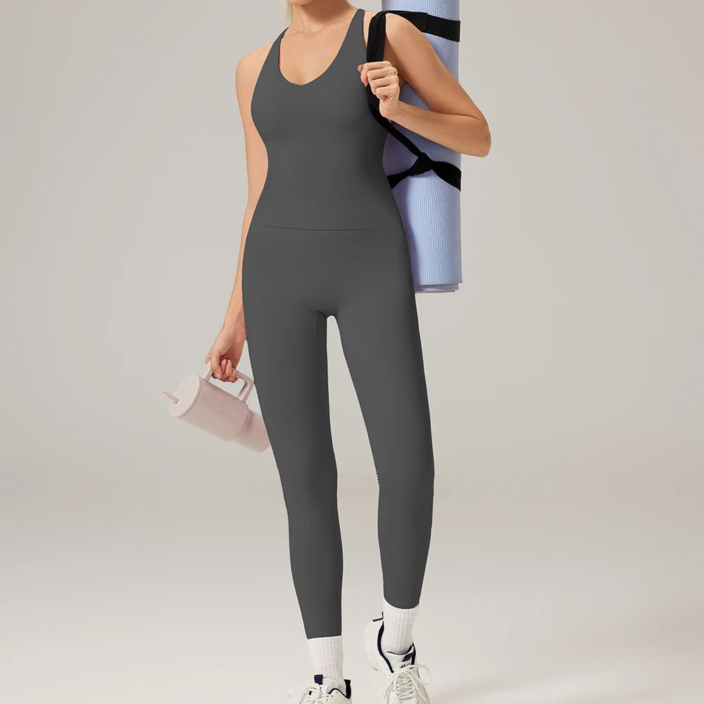 Women 2 Piece Yoga Sets Padded Tank Tops Vest Tummy Control Gym Leggings Yoga Outfits Mujer Sportswear Activewear Female