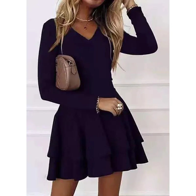 NEW Autumn V-Neck Solid Color Fashion Mid Waist Pullover Panel Bottom Fashion Versatile Style Long Sleeve Women's Dress