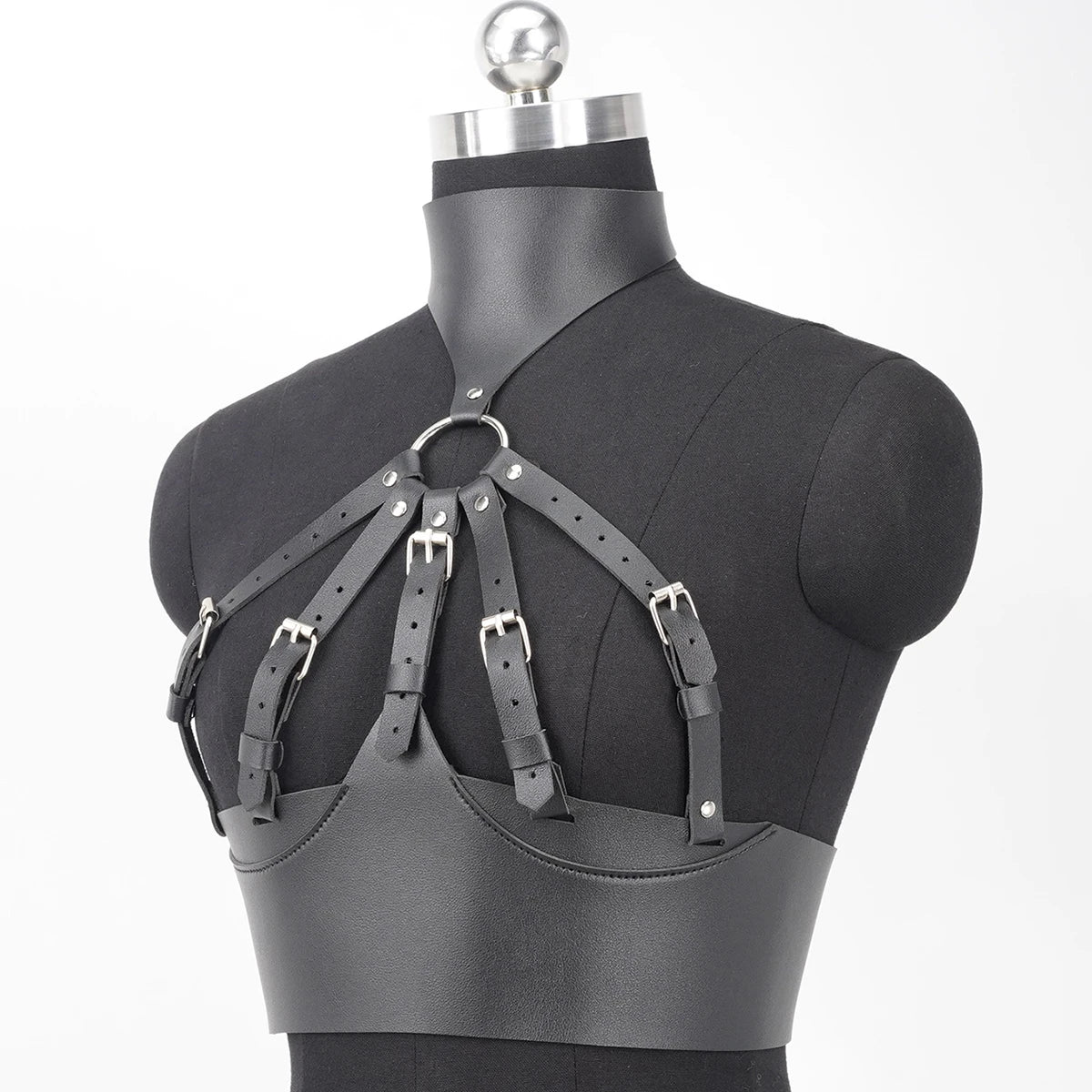 Women’s Black Leather Harness Bra - Adjustable Straps, Metal Ring Detail, Gothic and Punk Fashion, Rave Outfit, Plus Sizes