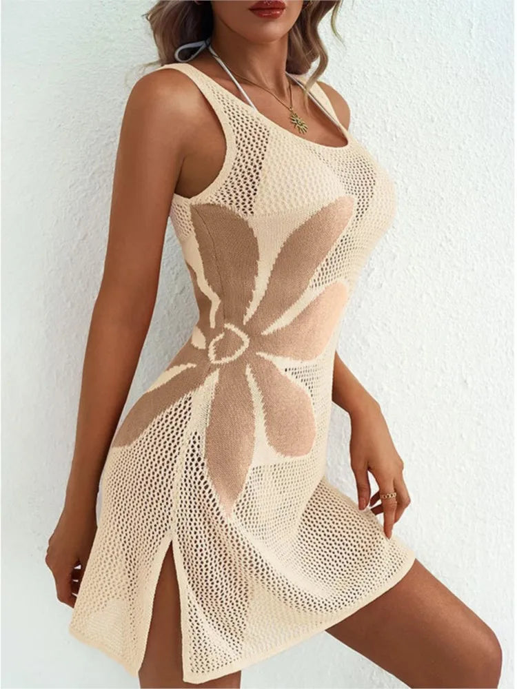 Sexy Women Knit Beach Dress Hollow-Out O-Neck Sleeveless Bikini Cover-Ups Dress Holiday Dress  Summer Swimwear Beach