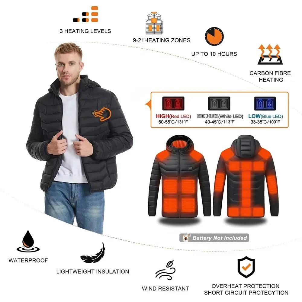 Beheizte Jacke, USB Intelligent Dual Control Switch 9-21 Zone Beheizte Jacke, Herren Damen Warme Baumwolljacke mit Abnehmbarer Kapuze