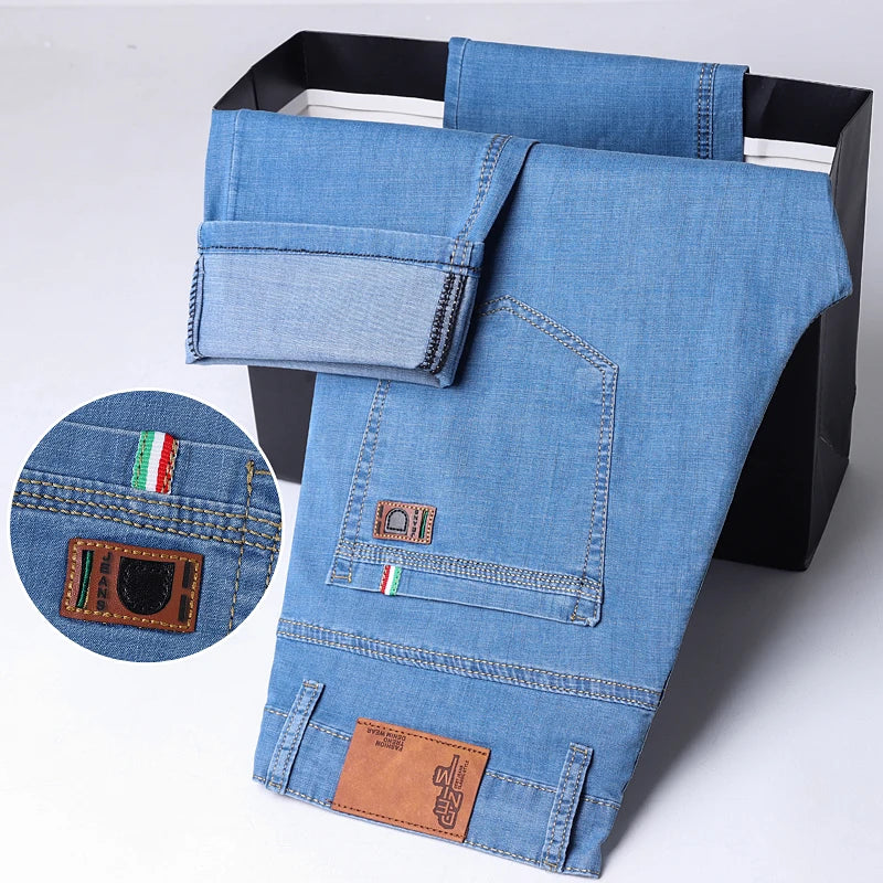 Business Thin Denim Jeans for Men Straight Stretch Cotton Work Pants Business Casual Lightweight Trousers Spring Autumn Workwear
