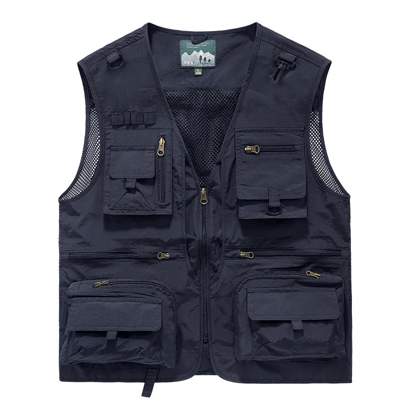 MaiDangDi V-neck Sleeveless Men's Vest Breathable Mesh Lining Mens Jacket Multi Functional Convenient Pockets for Men Clothing