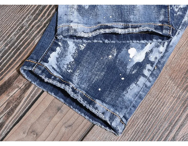 Retro Style Men's Slim Fit Jeans Distressed Hole Design Elastic Casual Long Pants Youth Trendy Street Style Straight Leg Jeans