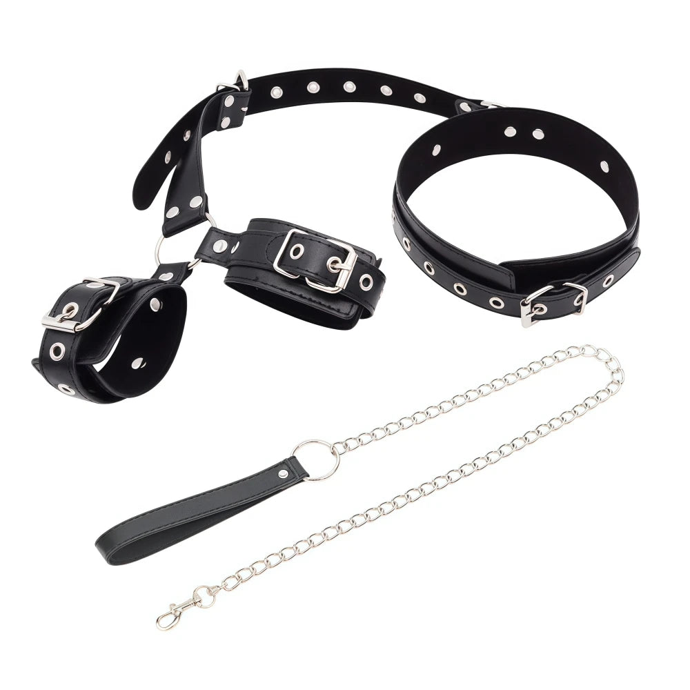 B*ndage R*straint Kit Adjustable Collar & Wrist Cuffs Durable PU Leather Fetish Play Set for Adult Couples