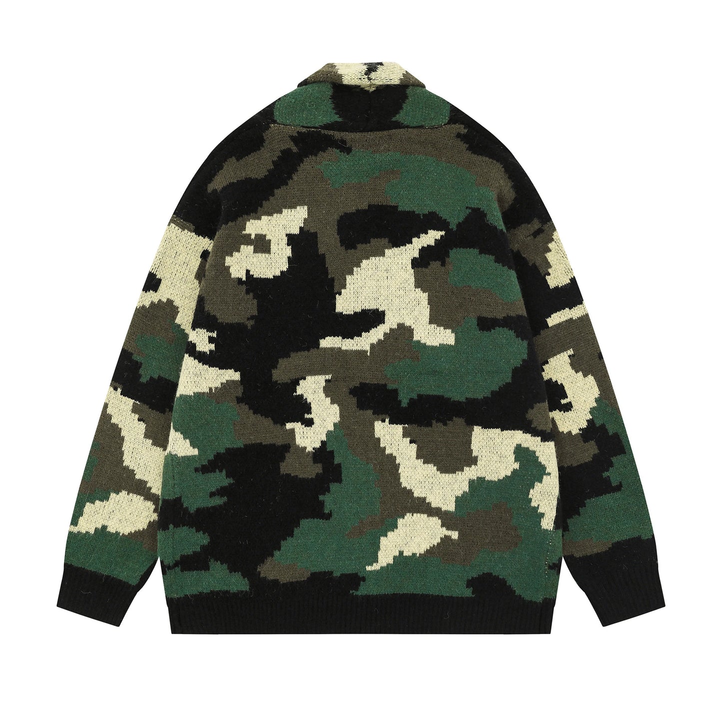 Vintage Camouflage Knitted Cardigan Jacket Autumn and Winter Print Button Stand Collar  Knitwear for Men Baggy Sweater Coat