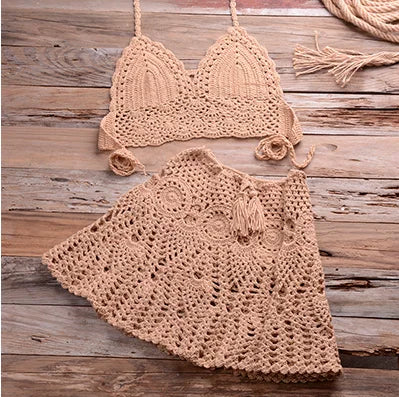 Two-piece Crochet Women Bikini Set Cover Up Swimsuit Swim Skirt Swimwear Bathing Swimdress Beachwear