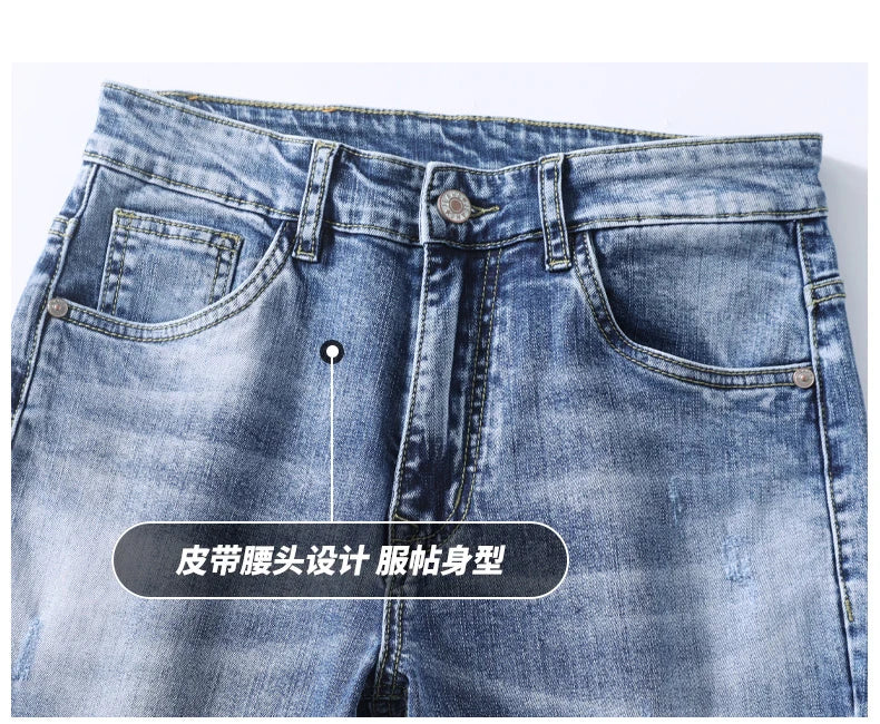 Clothing Jeans Men High Quality Stretch Light Blue Denim Fashion Pleated Retro Pocket Skinny Trousers Pants 28-40