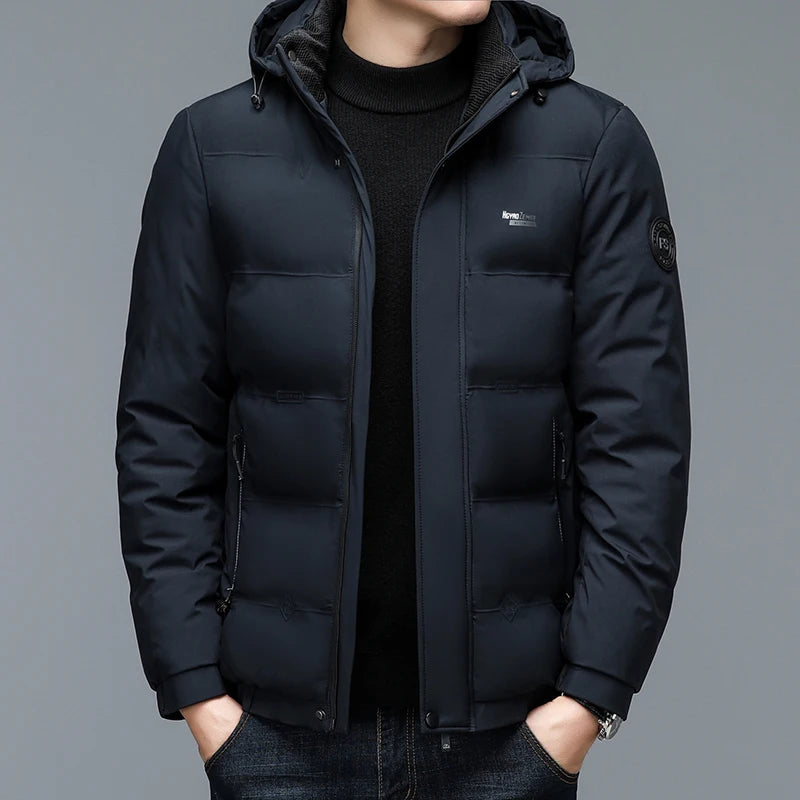 Men's Quilted Winter Windbreaker Parka Jacket with Thickened Lining – Hooded Standing Collar Coat for Middle-Aged Warmth