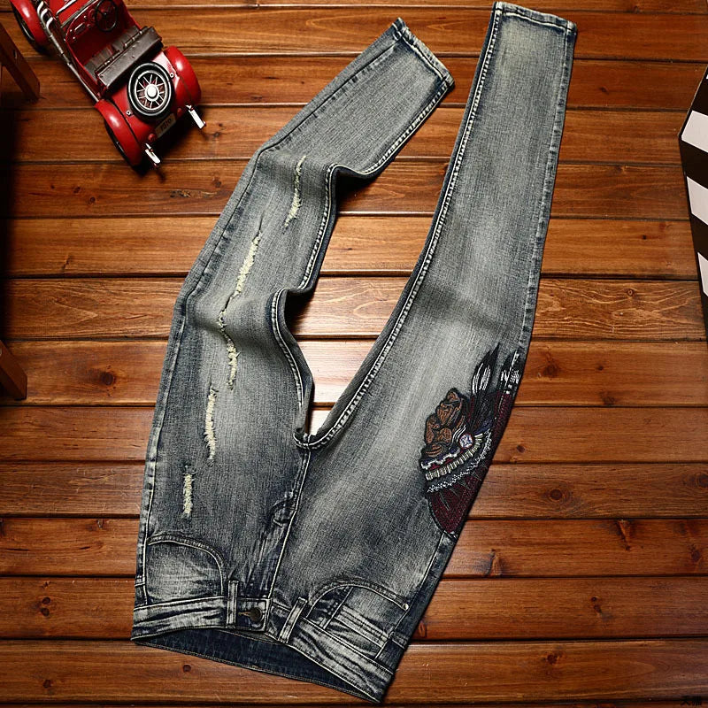 New Embroidered Perforated Light Luxury High end Jeans Men Elastic Fashion Brand Slim Fit Fashion High Street Casual Denim Pants